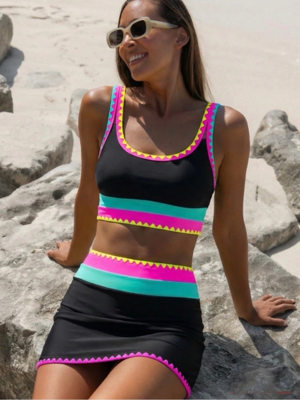 Popvil 3-Piece Neon Color Block Bikini Set with Skirt Black